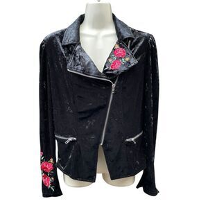 Disney Coco Día De Los Muertos Moto Jacket Size M Black Velour Embroidered Roses